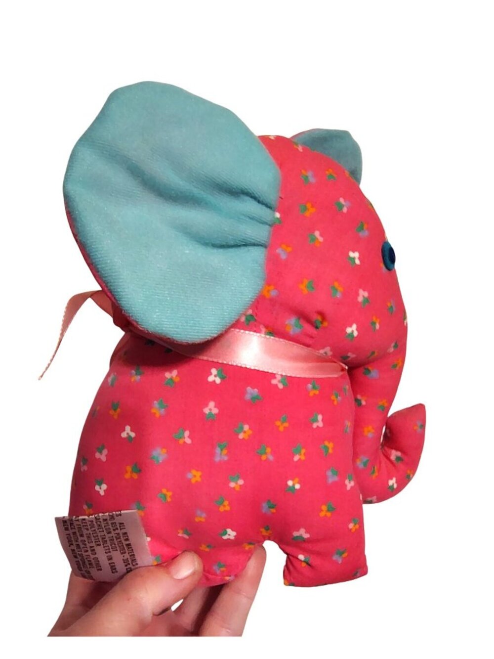 Vintage Avon Pink Ella Elephant Stuffed Animal Plush Blue Ears, Flowers, 7"